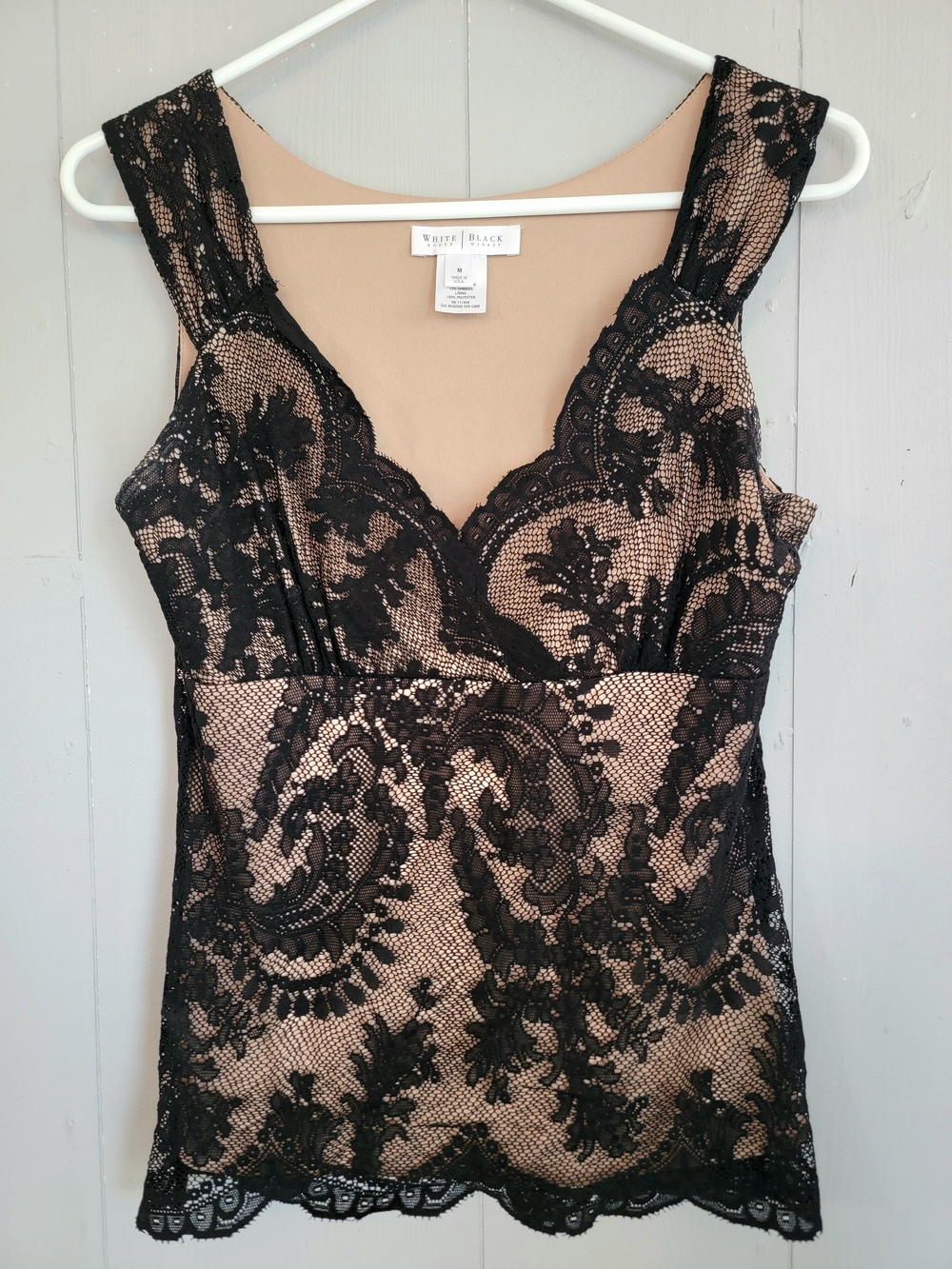White House Black Market Black Lace Overlay Sleeveless Blouse W/Nude Lining, M